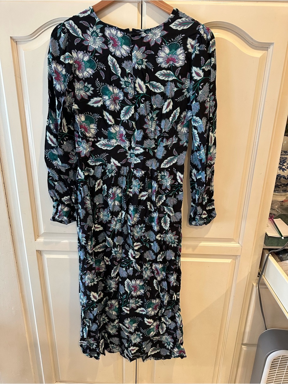 LOFT Black Floral Long-Sleeve Midi Dress with Teal Accents
